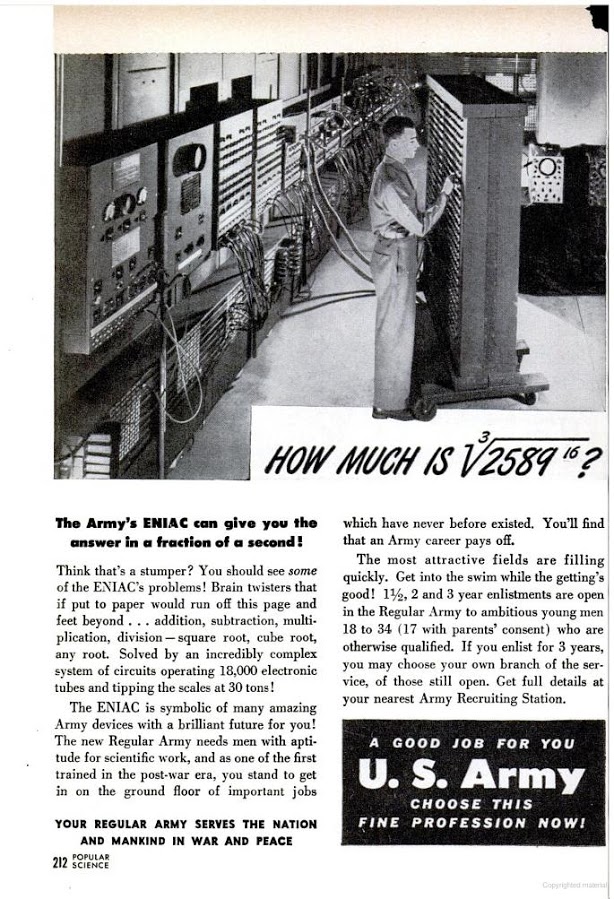 US Army ad boasting about the ENIAC and its impressive computing power
